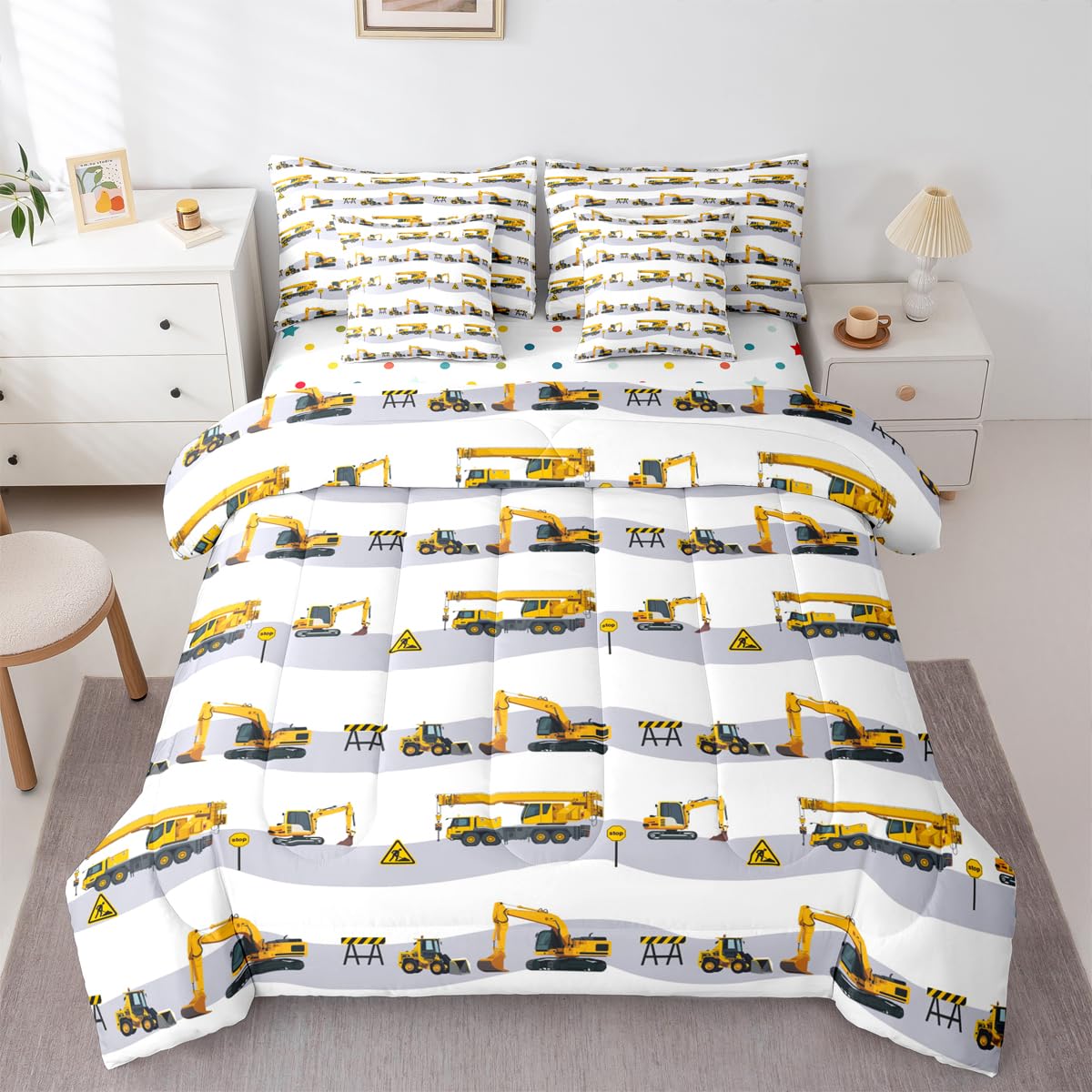Erosebridal Cartoon Car Comforter Set with Sheets Twin Size Truck Excavator Bed in A Bag 7 Piece Yellow Tractor Bedding Set for Kids Boys Children Bedroom Construction Vehicle Bulldozer Bed Sets
