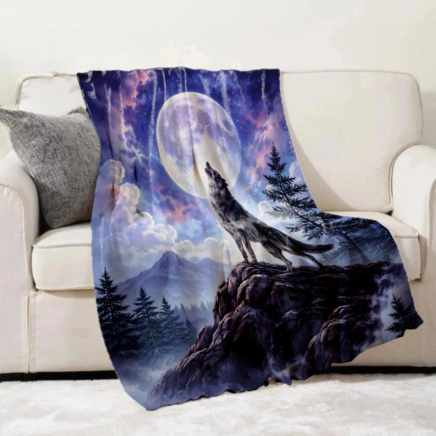 Turamurra Wolf Moon Throw Blanket Gifts for Kids Women, Howling Wolf Full Moon Night Forest Mountain Blankets for Home, Living Room, Bedroom Decor, Flannel Plush 50"x60"