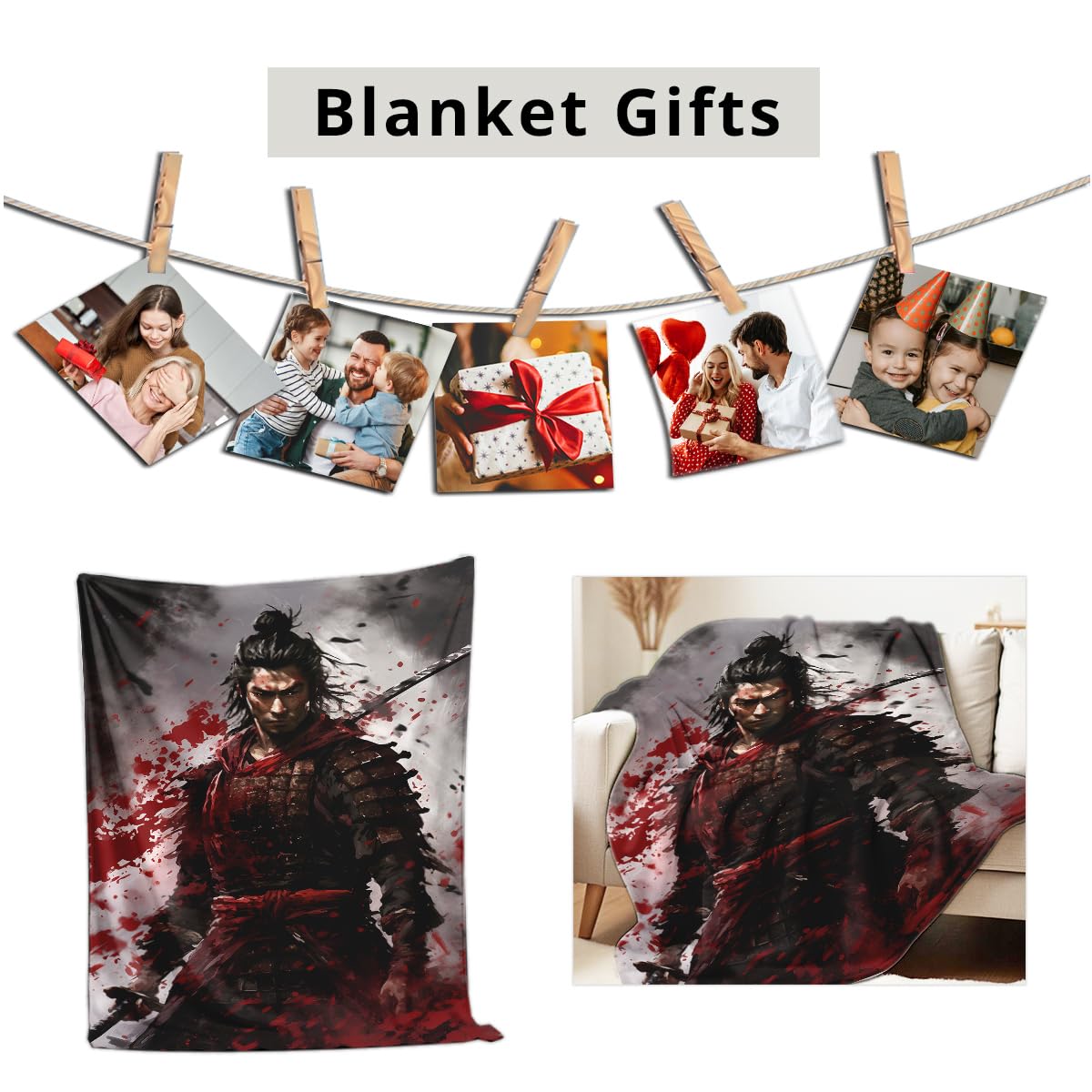 HUNXIAOJ Samurai Blanket and Throw Japanese Print Blanket Black and Red Armored Warrior Bushido Decor Flannel Japanese Theme Gifts for Boys Men Kids Adults (59"x78")