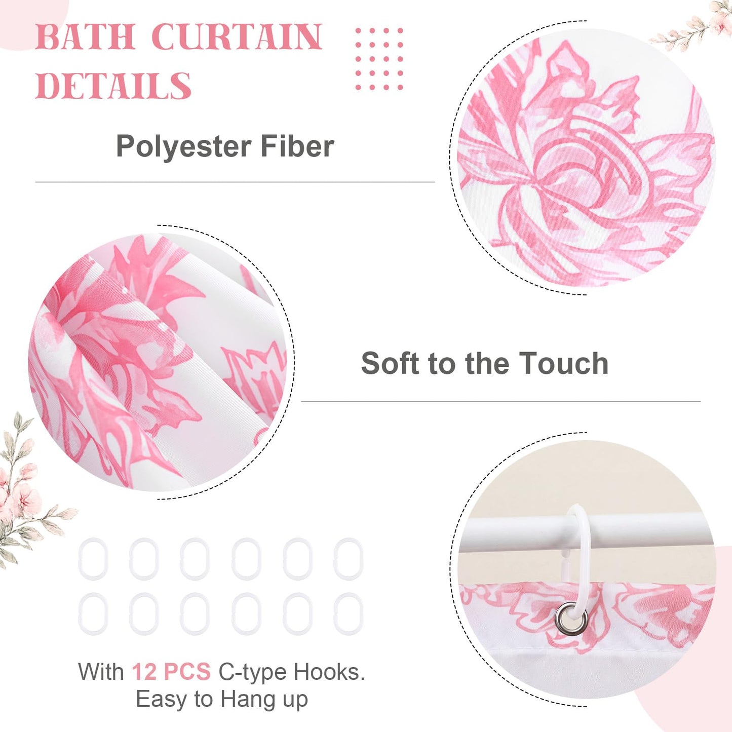 CrystalSylara 12 Pcs Pink Floral Bathroom Shower Curtain Set with 72 Inch Cotton Floral Shower Curtain, Non-slip Rug, Toilet Lid Cover, Bath Mat, 3 Towel, 5 Showers Caddy, Hook for Dormitory Apartment