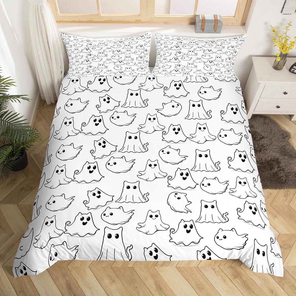 Feelyou Cartoon Ghost Bedding Set Queen Size Kids Kawaii Cute Ghost Comforter Cover Set for Boys Girls Teens Geometric Stripe Duvet Cover Halloween Theme Bedspread Cover（No Comforter
