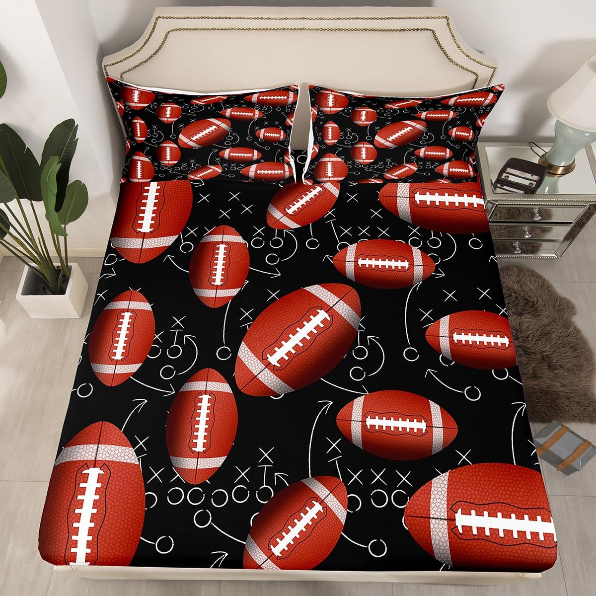 3D American Football Bed Sheet Set Twin Size,Chic Ball Sports Theme Sheets for Kids Boys,Rugby Game Bedding Set (1 Top Flat Sheet+1 Fitted Sheet+1 Pillowcase)