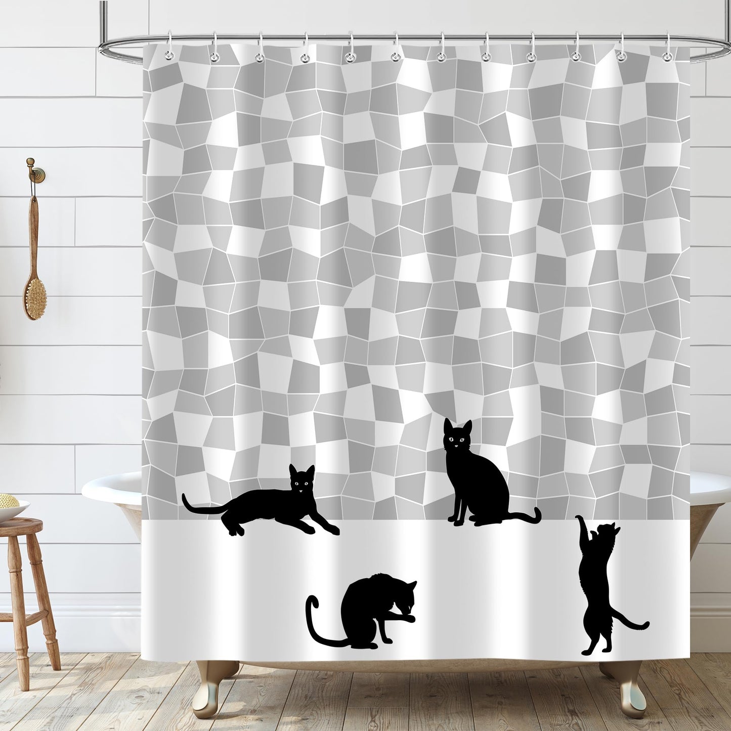 Emwnodti Funny Shower Curtain Set, Cute Black Cat Gray White Mosaic Bath Curtain, Fun Silhouette Shower Curtain Polyester Fabric Waterproof Durable, 12 Hooks 72x72 inch