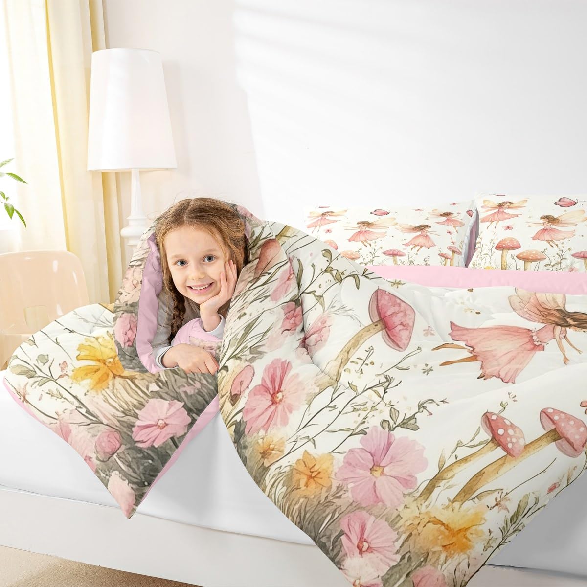 jejeloiu Fairy Kids Comforter Set Twin Size Floral Flower Fairies Bedding Set Enchanted Wonderland Duvet Quilt for Kids Boys Girls Bedroom Butterfly Decor Botanical Plants Ultra Soft Breathable