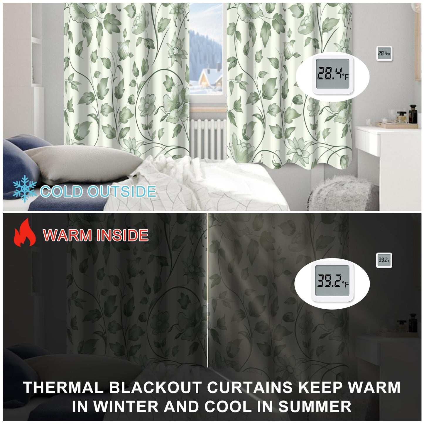 Green Floral Blackout Curtains for Bedroom and Living Room, Spring Thermal Insulated Soundproof Grommet Vintage Patterned Black Out Curtains 63 Inch Length 2 Panels Set, Nursery Room Darkening Drapes