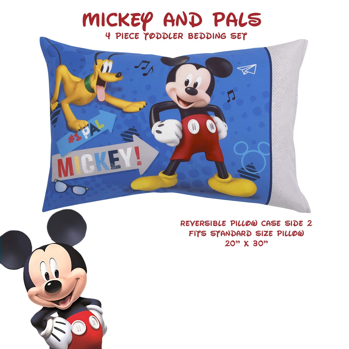 Disney Mickey Mouse and Pals 4 Piece Toddler Bedding Set - Fitted Sheet, Pillow Case, Top Sheet, and Comforter Quilt - Blue