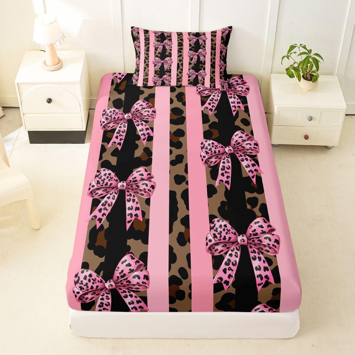 jejeloiu Brown Leopard Bow Fitted Sheet with 1 Pillowcase Twin Size Leopard Fur Print Bed Sheets Set 16" Deep Pocket Boys Girls Striped Coquette Bow Bedding Teens Bedroom Decor Breathable