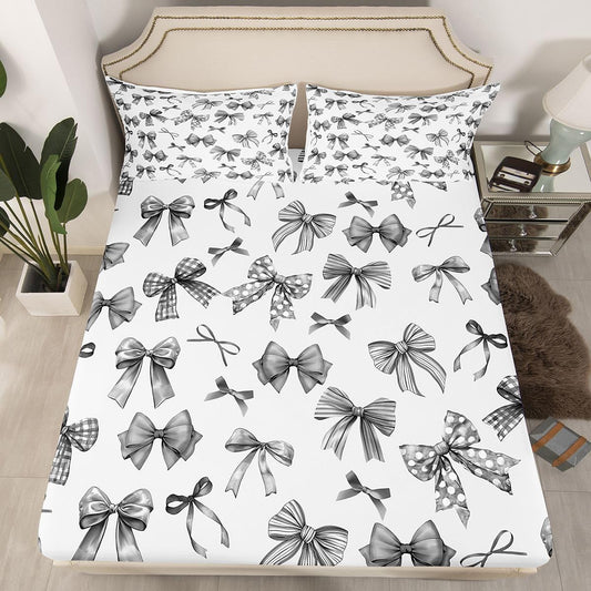 jejeloiu Watercolor Bowknot Fitted Sheet Full Size for Kids Boys Girls Coquette Bow Bed Sheets Set 16" Deep Pocket Soft Breathable Girls Bow Bedding with 2 Pillowcases Cute Bowknot Room Decor