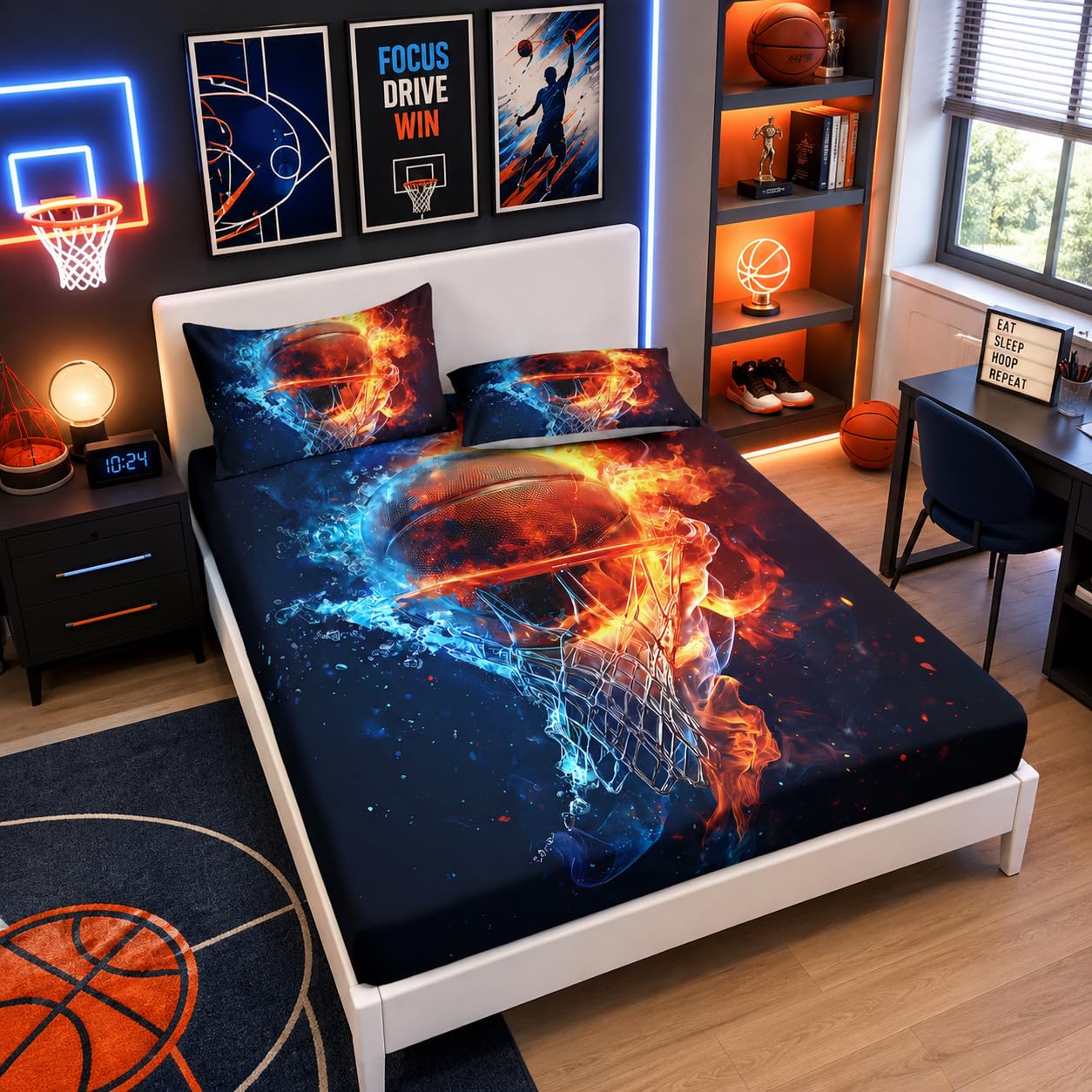 HOSIMA Fitted Sheet Queen for Kids,Basketball Wrapped in Water and Fire,Sports Bedding for Teenage Boy Room Decor,Basketball Hoop Pattern Bedding,1 Fitted Sheet+2 Pillowcases.