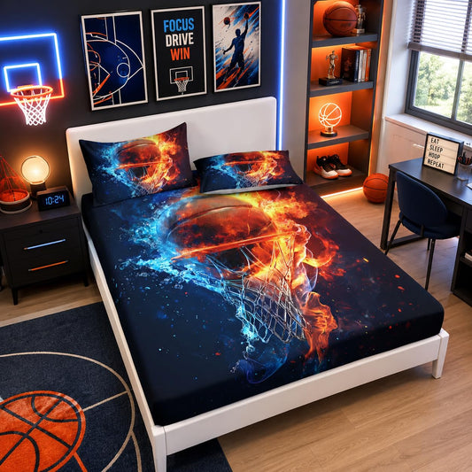 HOSIMA Fitted Sheet Queen for Kids,Basketball Wrapped in Water and Fire,Sports Bedding for Teenage Boy Room Decor,Basketball Hoop Pattern Bedding,1 Fitted Sheet+2 Pillowcases.