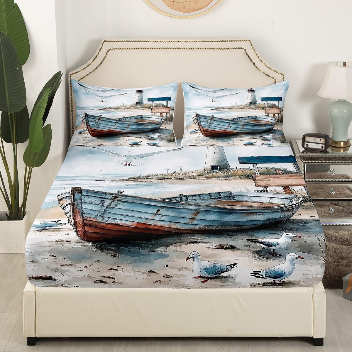 jejeloiu Boat Printed Fitted Sheet Full Size Kids Lighthouse Seagull Beach Theme Bed Sheets Set for Boys Girls Teens Sea Ocean Wave Summer Coastal Natural Scenery Bedding Set Room Decor