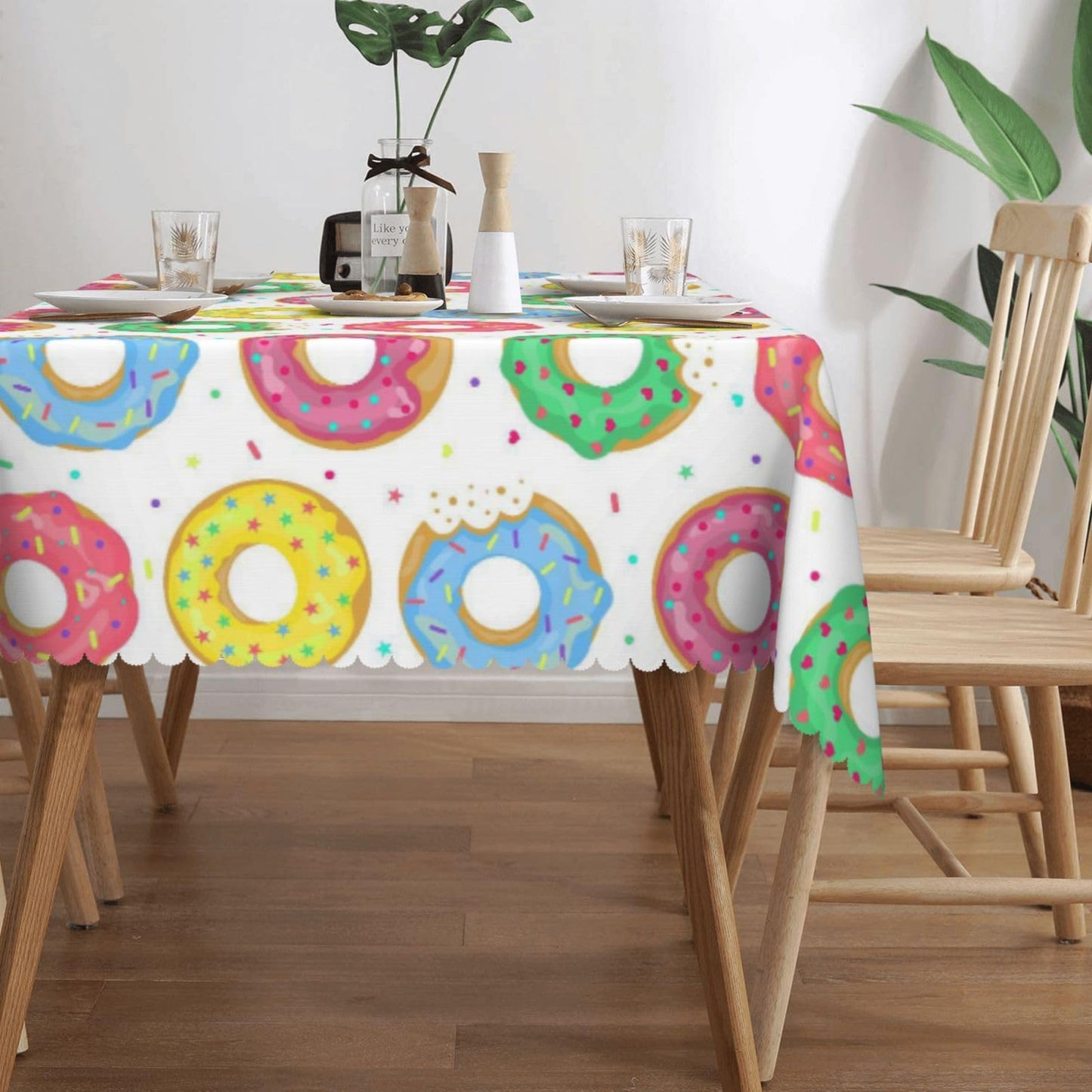 GOUROISE Pink Dount Rectangular Tablecloth, Sweet Food 54x72 Inch Wavy Lace Border Polyester Table Cloth for Dining, Kitchen, Parties