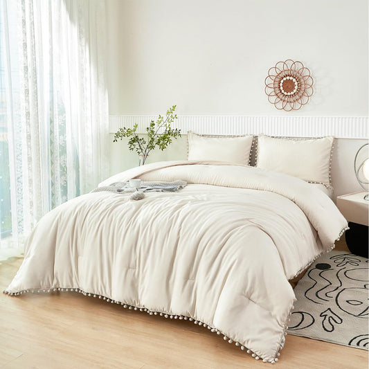 PERFEMET Girls Comforter Set Twin Size Beige Cream 5 Pieces Boho Pom Pom Bed in A Bag with Sheets Ultra Soft Lightweight Fluffy Beige Solid Bedding Set Matching 2 Pillowcases(Beige Cream, Twin)