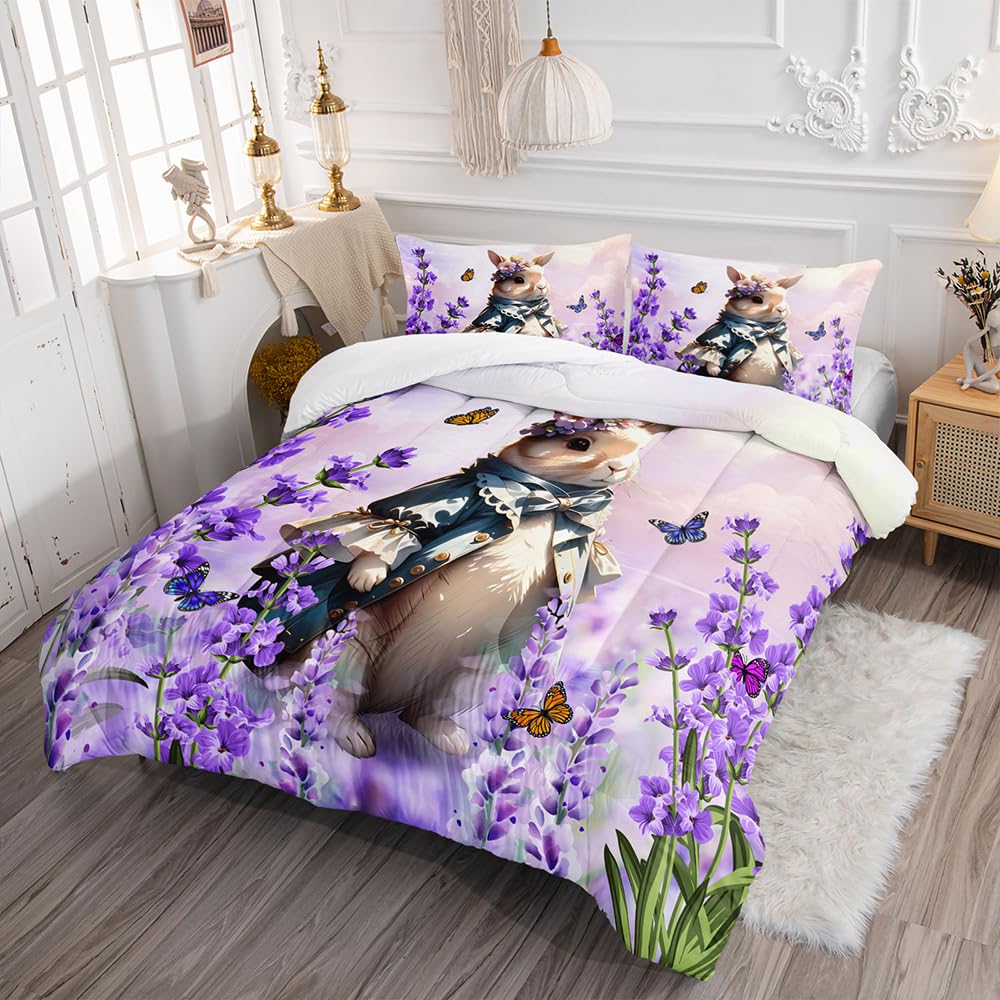 XYNHML Lavender Rabbit Comforter Twin Kids Rabbit Bedding Set Cute Bunny Quilt Bed Set Bedroom Decor Includes 1 Comforter, 2 Pillowcases for Girls Boys Teens