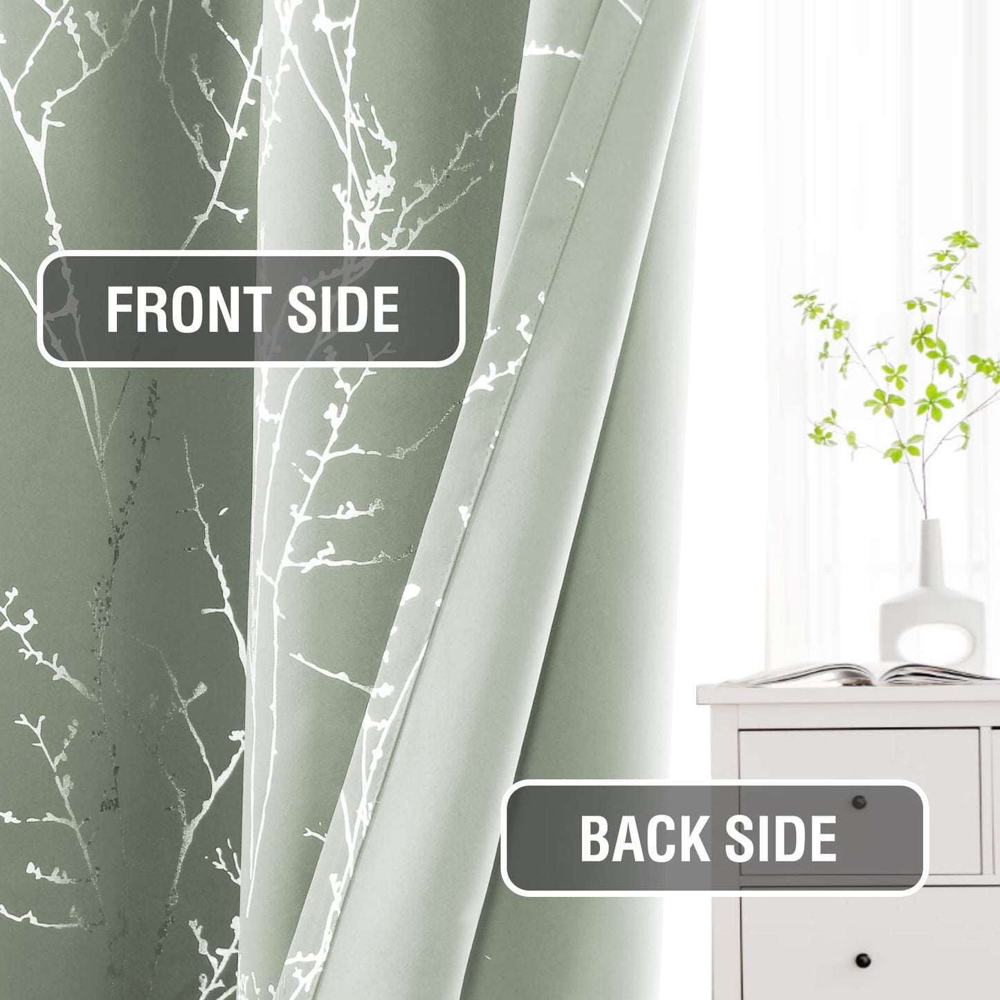 H.VERSAILTEX Blackout Curtains for Bedroom Foil Print Twig Tree Branch Thermal Insulated Grommet Curtain Drapes Light Blocking Thick Soft Window Curtains for Living 52 x 84 Inch, 2 Panels, Sage