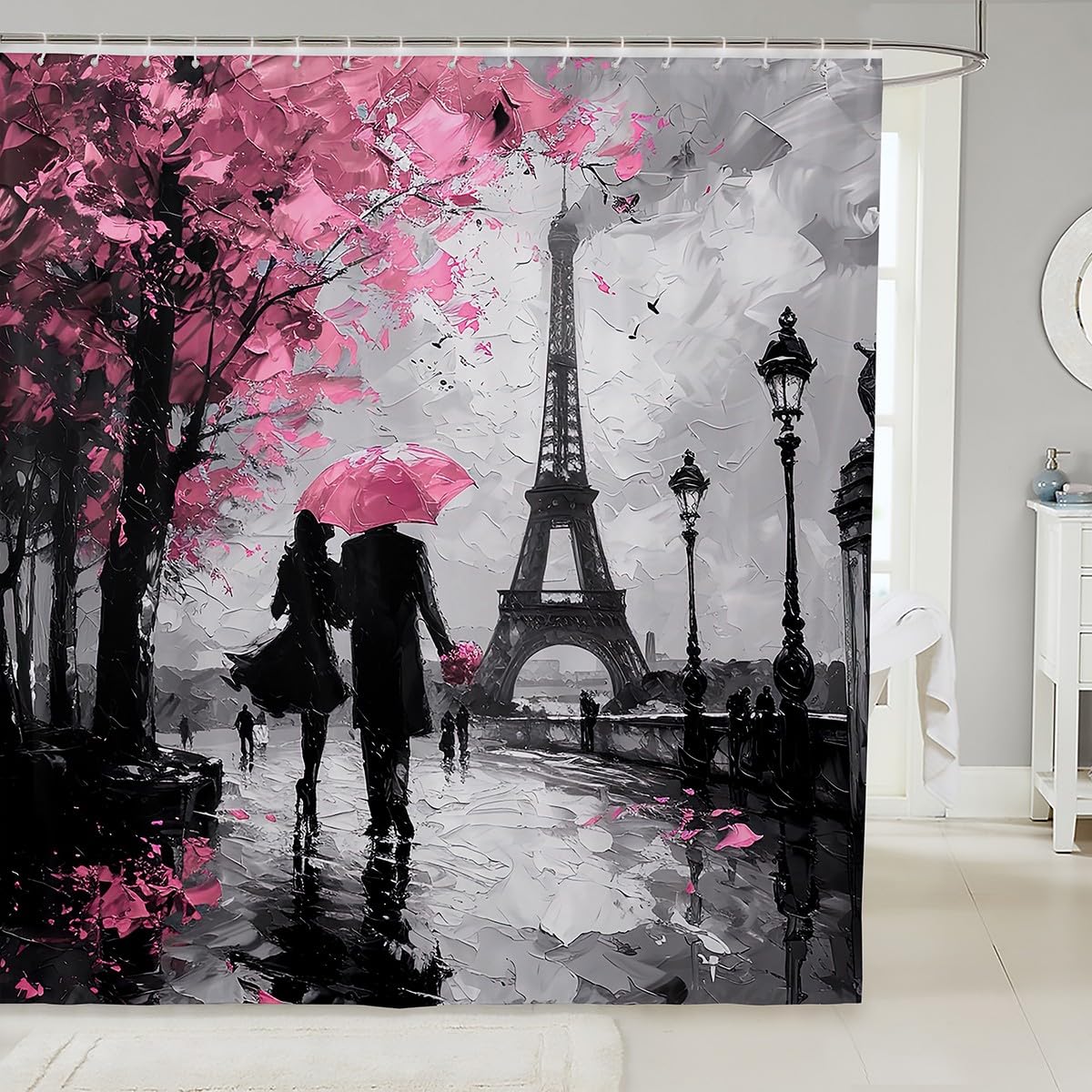 jejeloiu Eiffel Tower Shower Curtain 72"x78" Couple Romantic Paris Bathroom Shower Curtain Set for Girls Women Lover Valentine's Day Bath Curtain Pink France Trip Bathroom Accessories