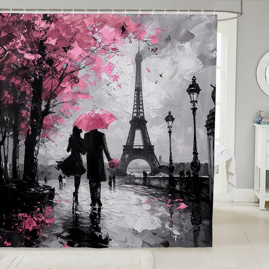 jejeloiu Eiffel Tower Shower Curtain 72"x78" Couple Romantic Paris Bathroom Shower Curtain Set for Girls Women Lover Valentine's Day Bath Curtain Pink France Trip Bathroom Accessories