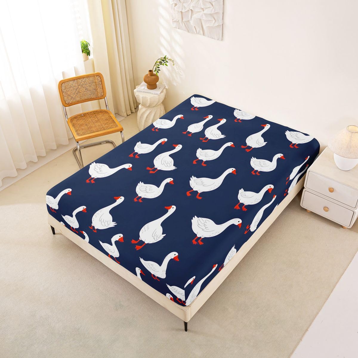 Erosebridal Goose Bed Sheets Set Full Cute Animal Sheet Set White Geese Navy Blue Sheets Funny Kawaii Cartoon Flat Fitted Sheet