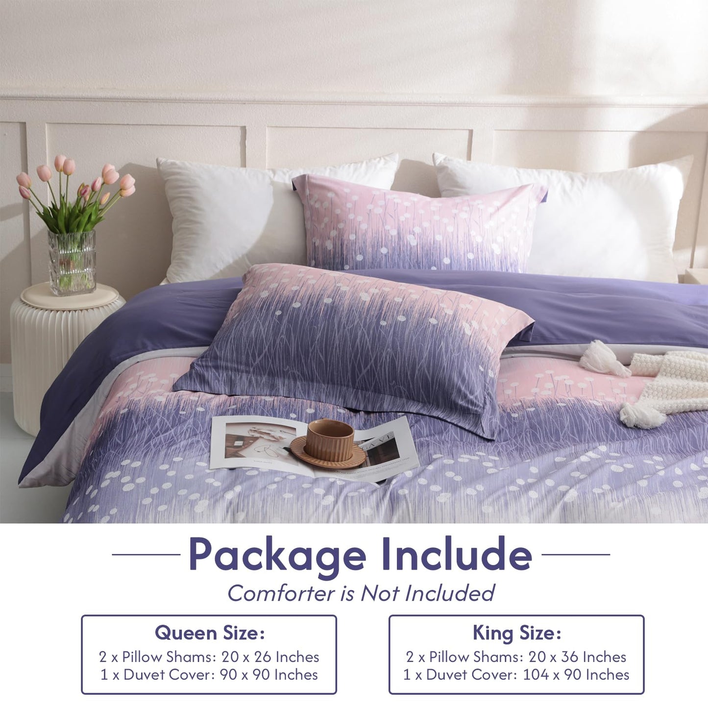 LONAVA Queen Patchwork 3 Pcs Duvet Cover Set, Breathable Soft Microfiber Purple Lining Comforter Cover with Zipper Closure, and 2 Anti-Pilling, Fade Resistant Pillowcases, Purple Blossom