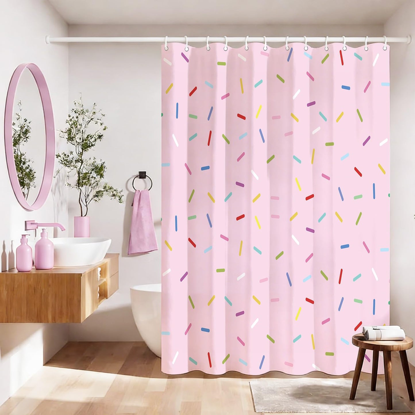 MEHOFOND Sweet Donut Pink Girl Shower Curtain Bathroom Decorations Donut Grow up Confetti Sprinkle Shower Curtain Set with 12 Hooks 72x72in
