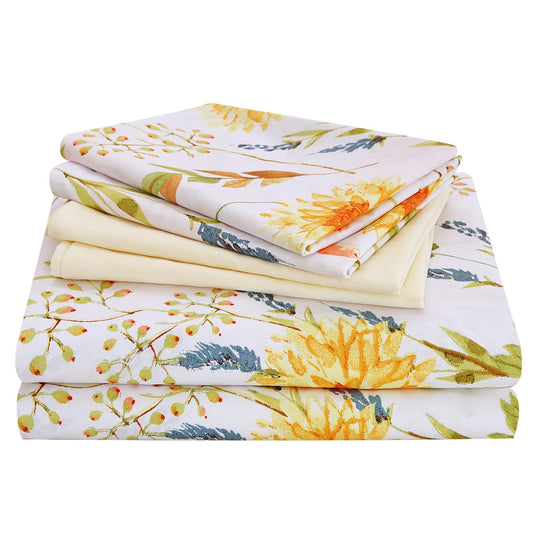 JSD 6 Piece Floral Print Sheet Set Queen Size, Soft Spring Botanical Microfiber Bed Sheets Deep Pocket