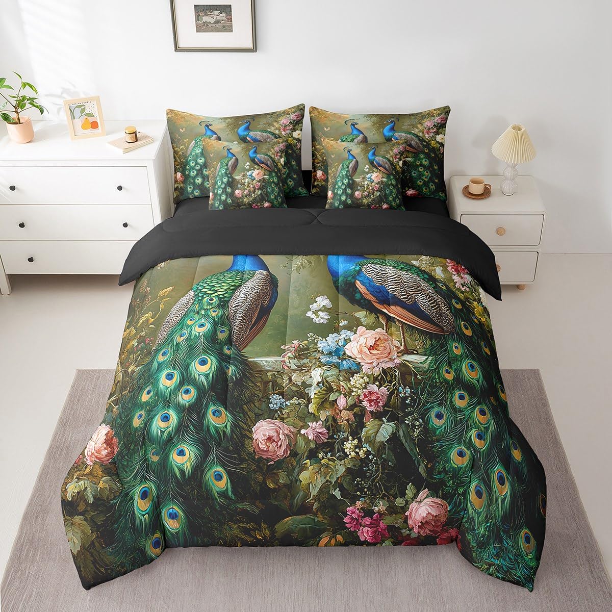 Erosebridal Peacock Comforter Set King Size,Elegant Birds Bedding Set for Kids Teens,Oil Painting Floral (Comforter+Fitted+Flat Sheet+2 Pillowcases+2 Throw Pillow Covers) 7 Pieces Bed Set