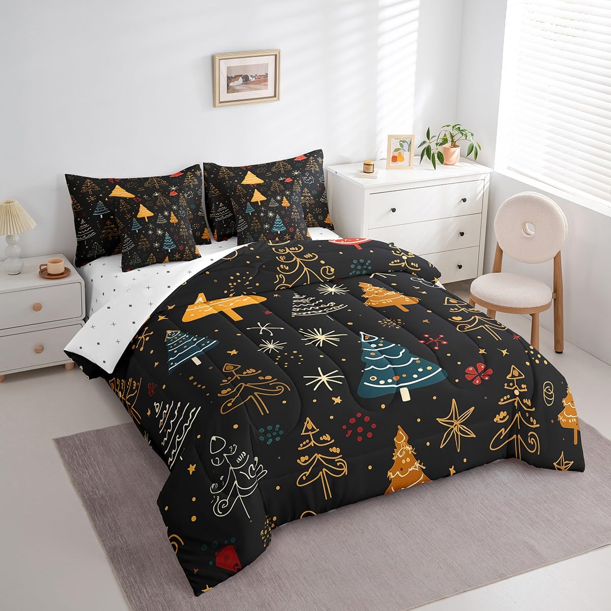 Erosebridal Christmas Theme Bedding Full Size 7Pcs for Kids Boys Girls Xmas Tree Comforter Set,Glitter Stars Bed in A Bag Black Comforter Set with Sheets,Cartoon Hand Drawn Bed Set for All Seasons