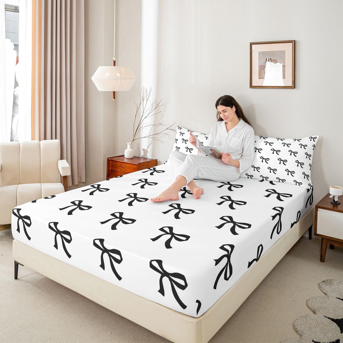 Castle Fairy Black Bow Sheet Set Cartoon Bowknot Modern Romantic Bedding Set Girlish Cute Bed Sheets Teens Room Decor Black White 1 Soft Polyester (Twin Flat & Fitted Sheet with 1 Pillow Case)