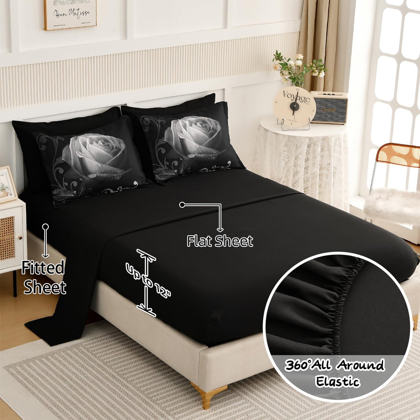Xruibed Floral Comforter King Black Bed in a Bag Rose 7PCs Comforter Set Soft Micorfiber Bedding Set (1 Comforter,2 Pillow Shams,1 Flat Sheet,1 Fitted Sheet,2 Pillowcases)
