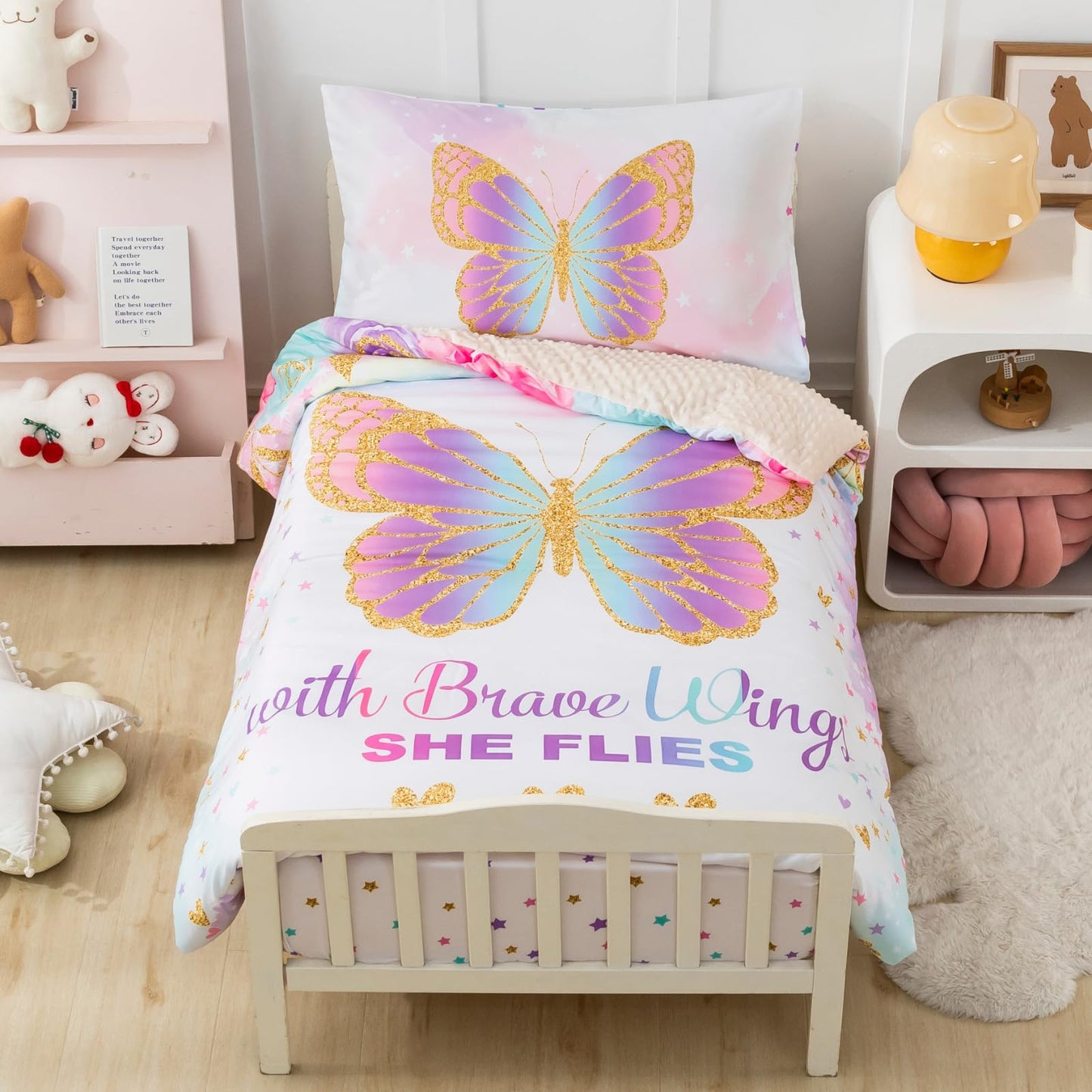PINNKKU 4-Piece Toddler Bedding Set, Includes 1 Flat Sheet, 1 Fitted Sheet, 1 Comforter and 1 Reversible Pillowcase, Standard Toddler Comforter & Sheet Set, Ultra Soft Toddler Bed Set, Butterfly