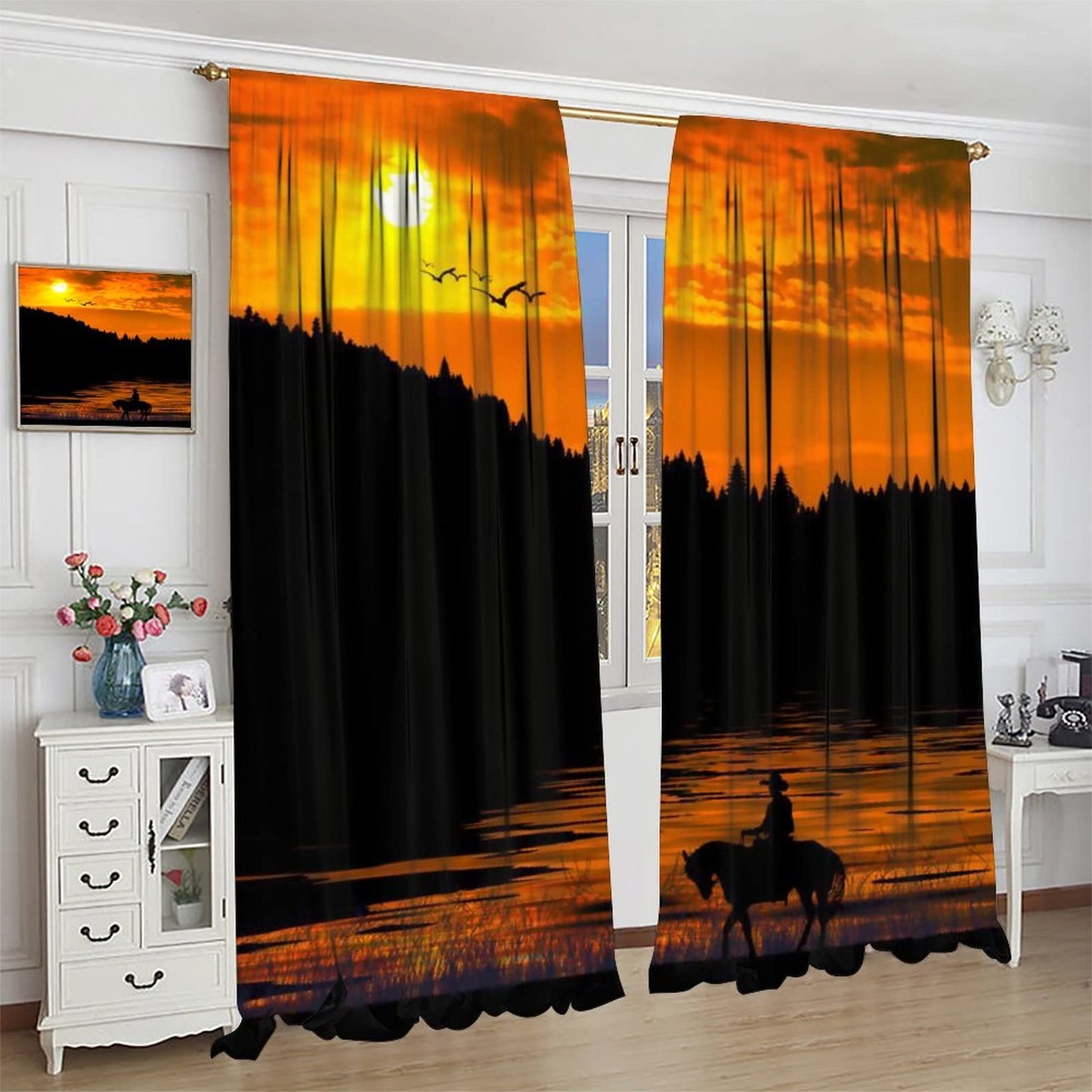 Kazynee American Cowboy Blackout Curtains for Living Room,Western Sunset Farmhouse Rustic Cowboy Riding Horse Window Drapes - Thermal Insulated and Noise Reduction,2 Panels 45L x 21W