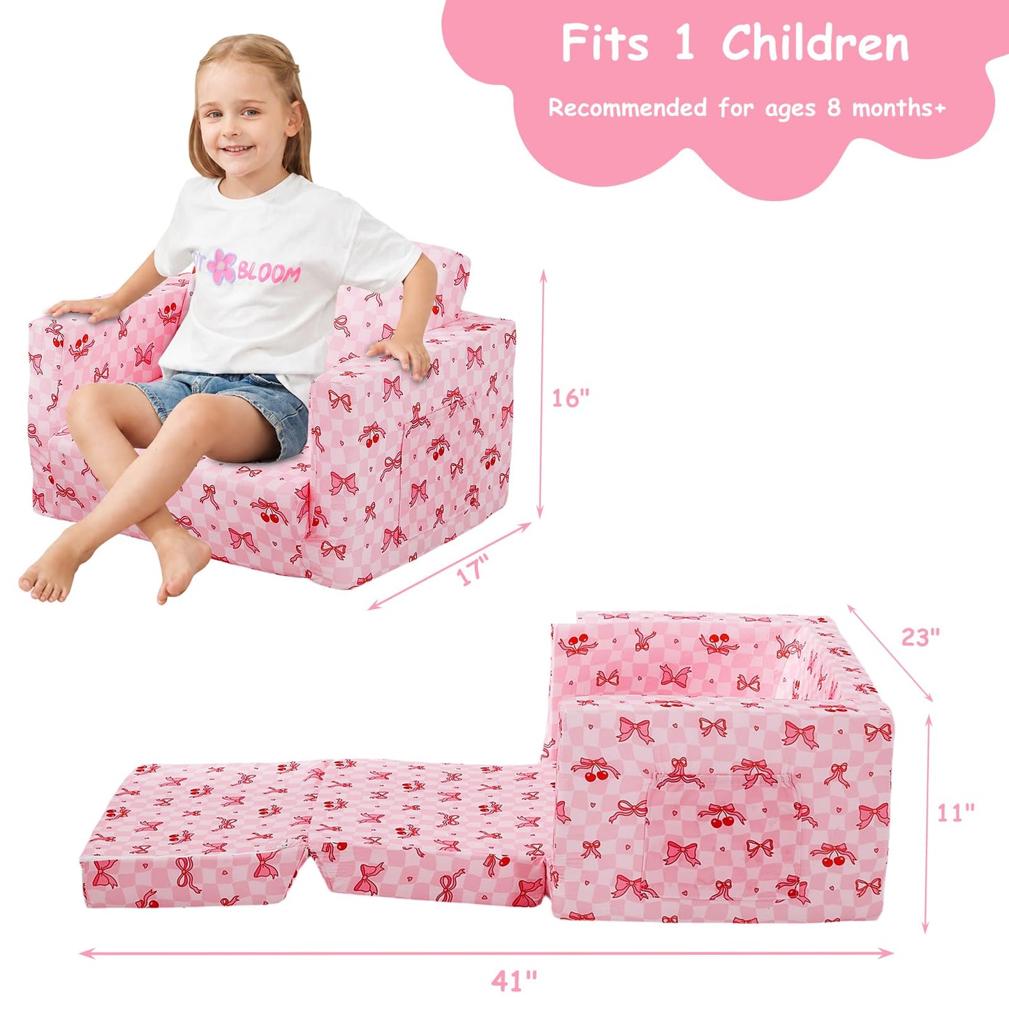 Viviland Toddler Chair, 2-in-1 Kids Couch Bed, Toddler Chairs Comfy 1-3 Years Old Fold Out Convertible Soft to Lounger, Pink Checkerboard Butterfly Bow and Cherry Baby Couch