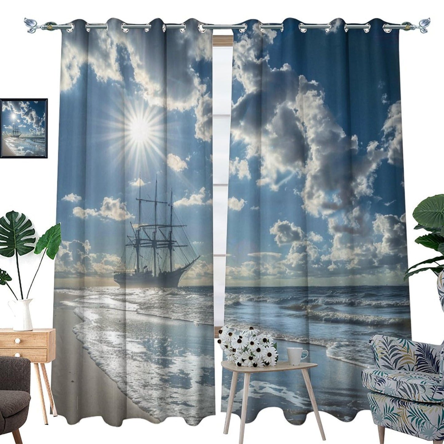 TOWINSFB Classic Ocean Sailboat Blackout Curtains for Bedroom/Living Room, Nature Sky Cloud Beach Grommet Curtains Thermal Insulated Window Drapes, 2 Panels, Each 21W x 63L
