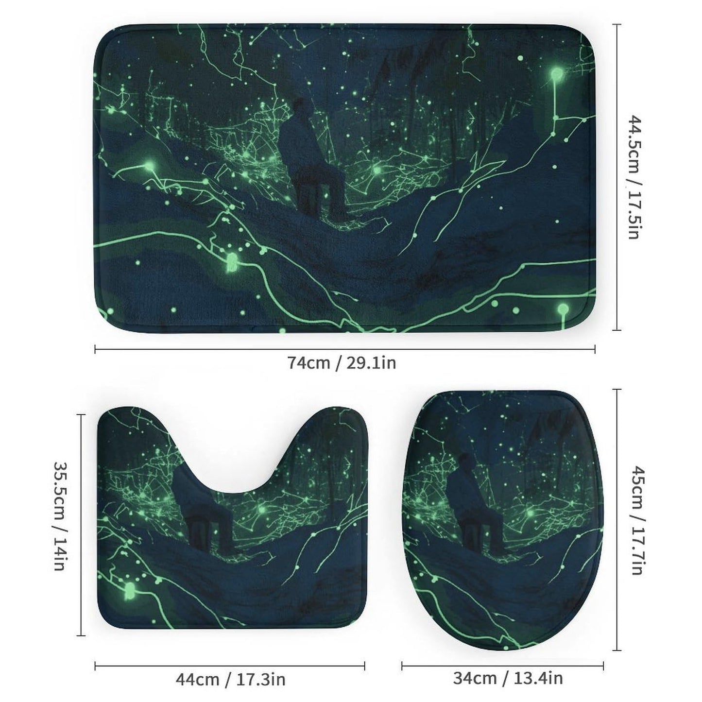 LMNGH Shower Curtain Set Glow in The Dark Bathroom 4 Set with Non-Slip Rugs Toilet Lid Cover and Bath Mat Waterproof Bath Accessories for Bathroom Decor Set 72" X 72"