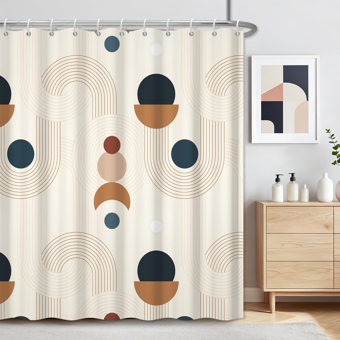 Abstract Mid Century Shower Curtain, Boho Geometric Arch Beige Retro Bathroom Shower Curtains, Morden Minimalist Hotel Style Polyester Shower Curtain, Waterproof Fabric with Hooks, 72" W x 72" L