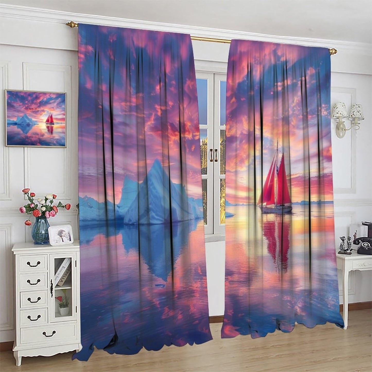 TOWINSFB Beautiful Ocean Scenery Blackout Curtains for Living Room Bedroom, Fantasy Nature Nautical Sailboat Window Curtains Rod Pocket Thermal Insulated Window Drapes, 2 Panels, Each 21W x 45L