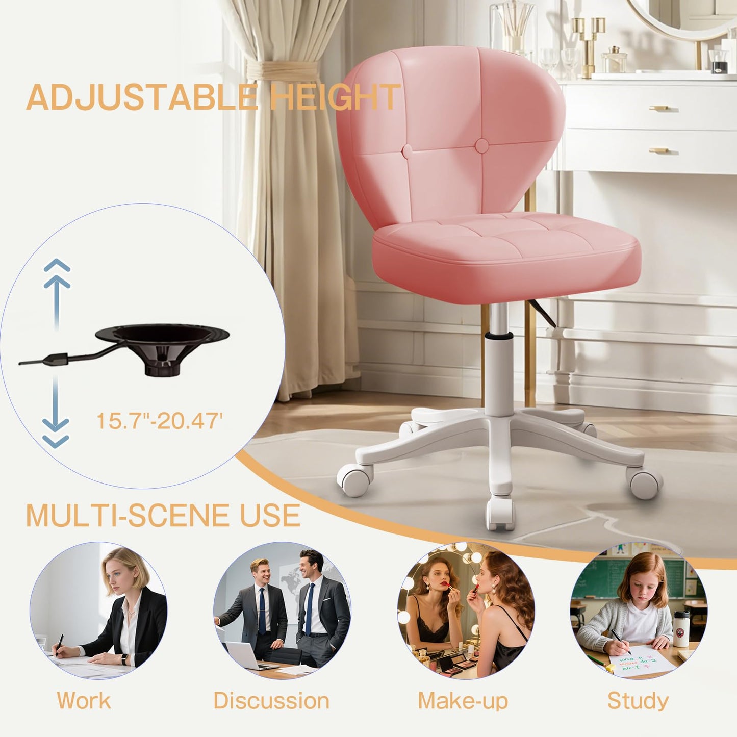 Timbertouch Small Office Chair with Lumbar Support, PU Leather Armless Swivel Desk Chair Adjustable Height, Compact Rolling Chair for Home Office, Bedroom, Study （Pink）
