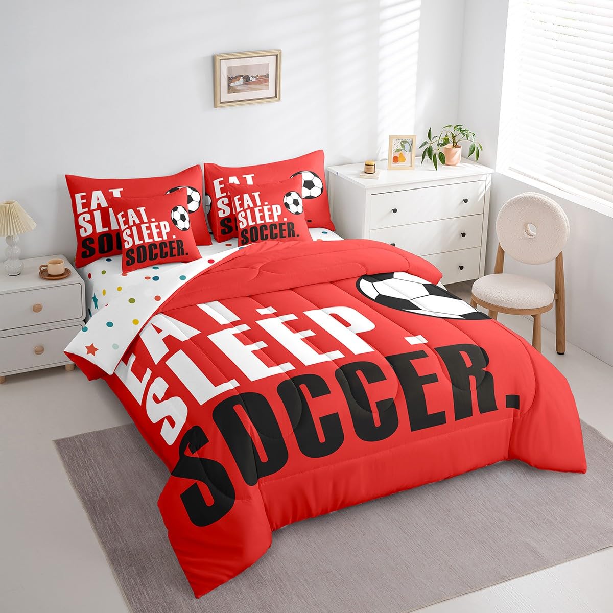 Feelyou Football Comforter Set 7 Piece Soccer Ball Sports Bedding Twin Comforter Set for Boys Girls Women Men Red Eat Sleep Football Bedding Set Ball Games Room Decor Bed in a Bag