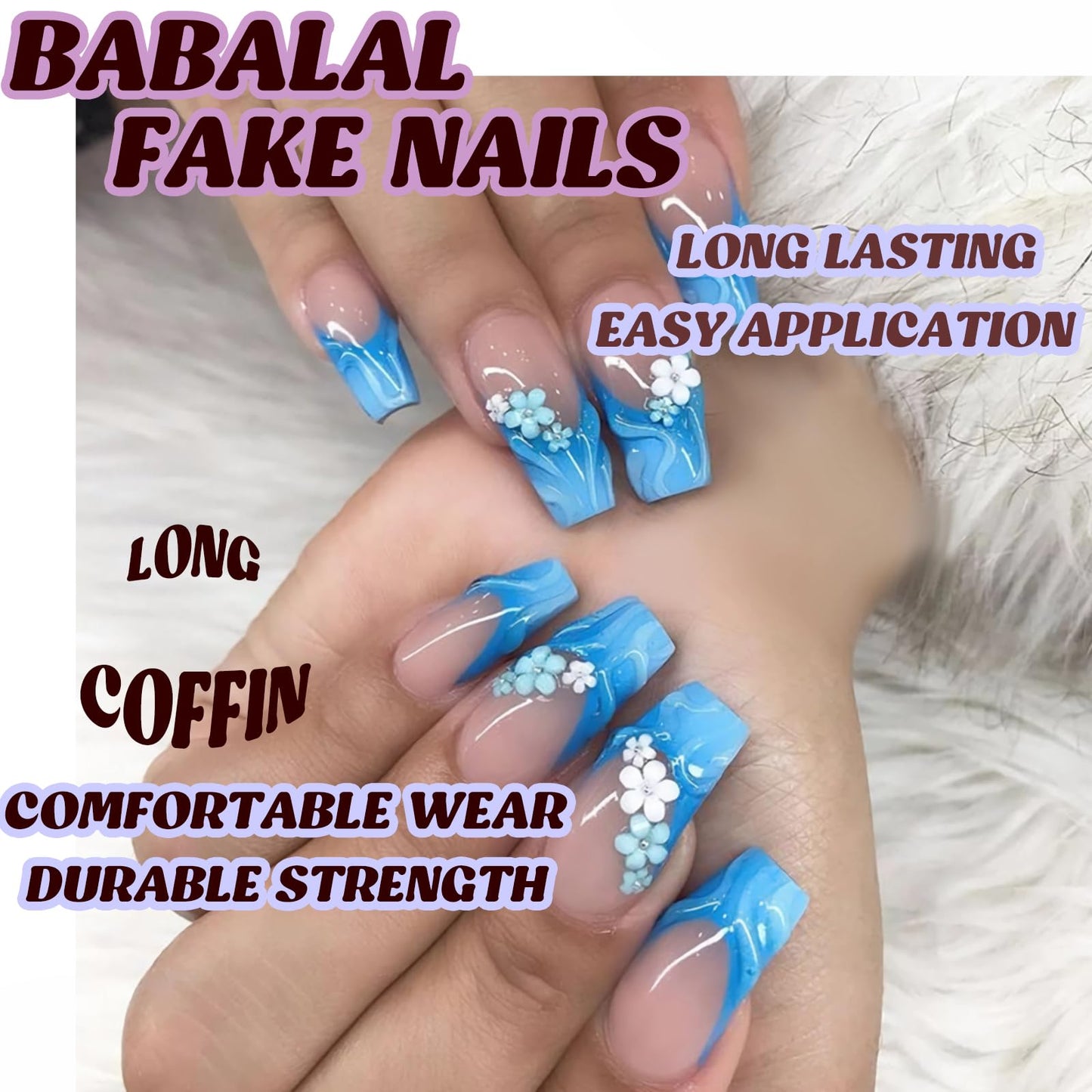 BABALAL Press on Nails Long Coffin Fake Nails Blue French Tip Glue ons with Flower Charm 3D Texture Handmade Design Supplies Art 24Pcs Glossy Manicure Full Cover Acrylic False Nails