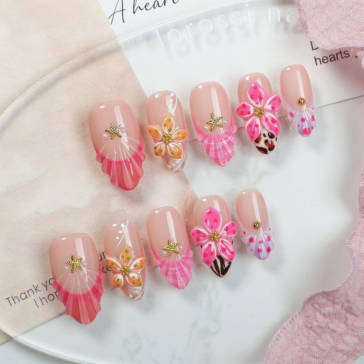 Handmade Press on Nails French Tip Acrylic Nails Medium Almond Fake Nails with 3D Flower & Starfish Designs Thickened Salon Quality Stick on Nails Muti-Layer Gel Acrylic Nails for Women（Size M)