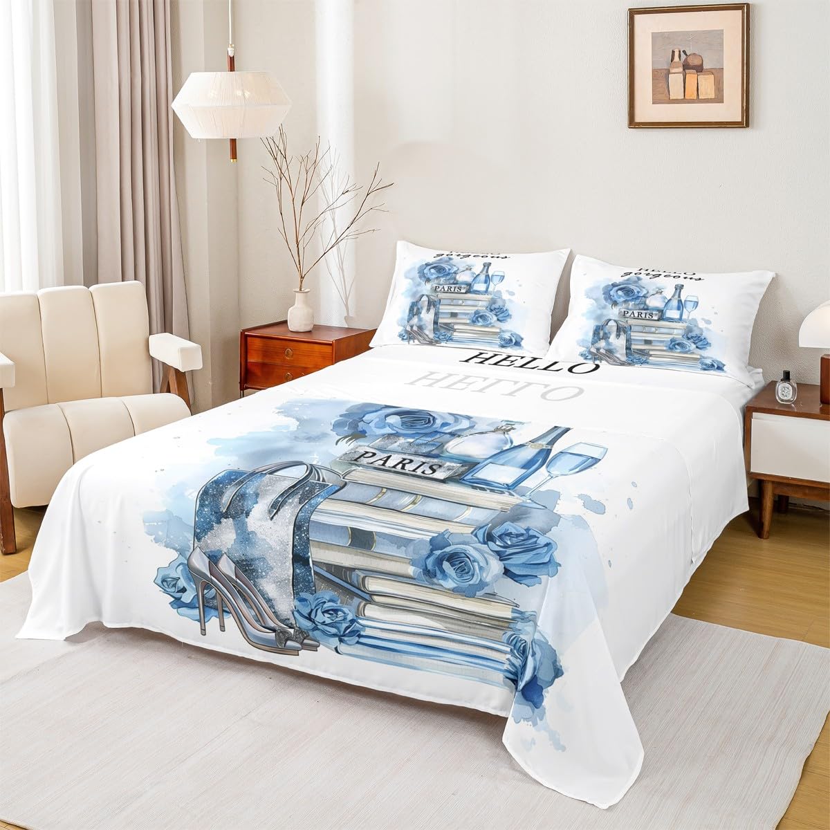Erosebridal Girly Blue Bed Sheets King Size Silver Fashion Sheets Women Girls Teal Flower Perfume Sheet Set High Heels Champagne Magazine Books Floral Bedding Set Paris Romantic Decor