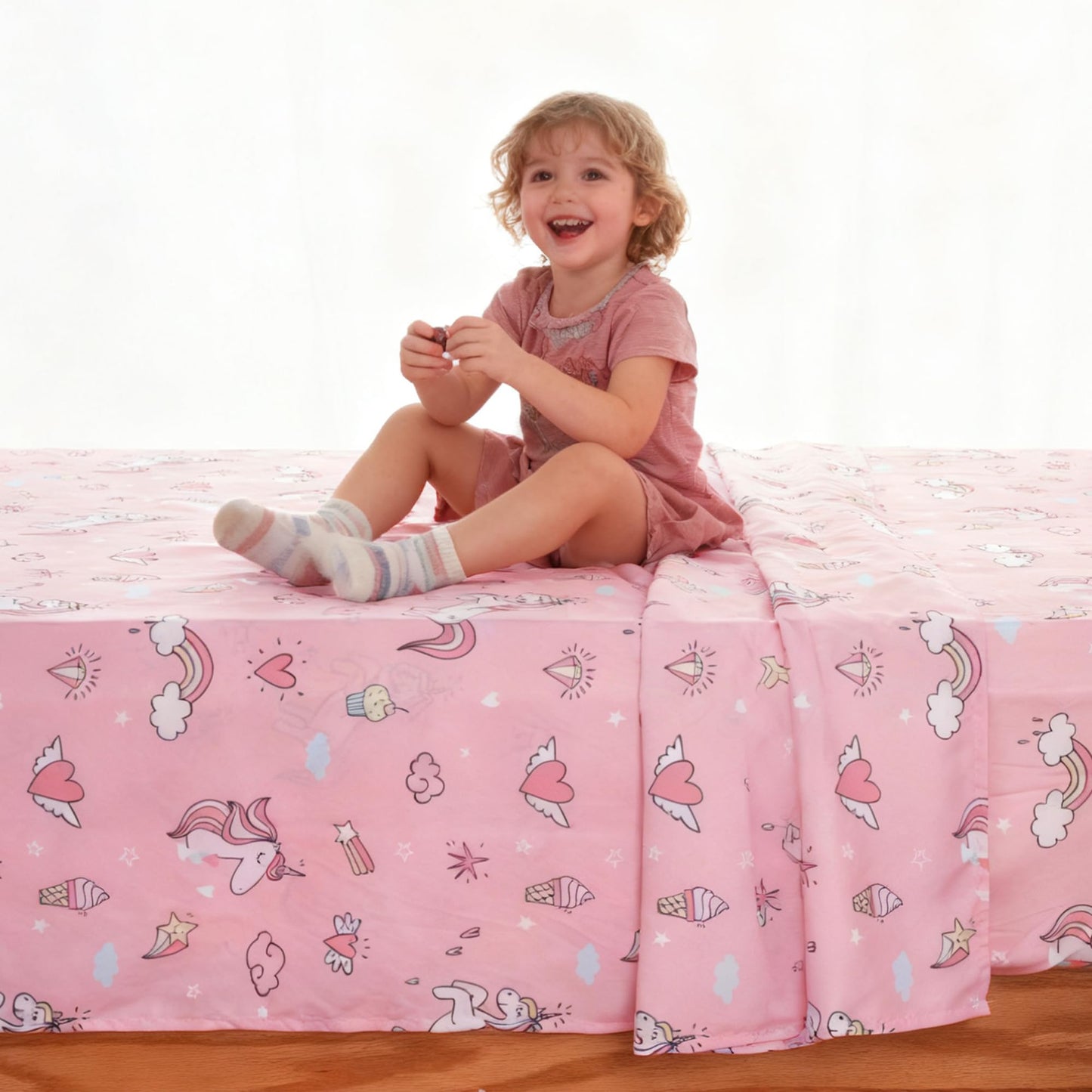 Bunnikins & Clover Unicorn Kids Sheet Set Twin Size, 3 Piece Soft Microfiber Bed Sheets, Deep Pocket Pink Toddler Bedding Set for Boys Girls