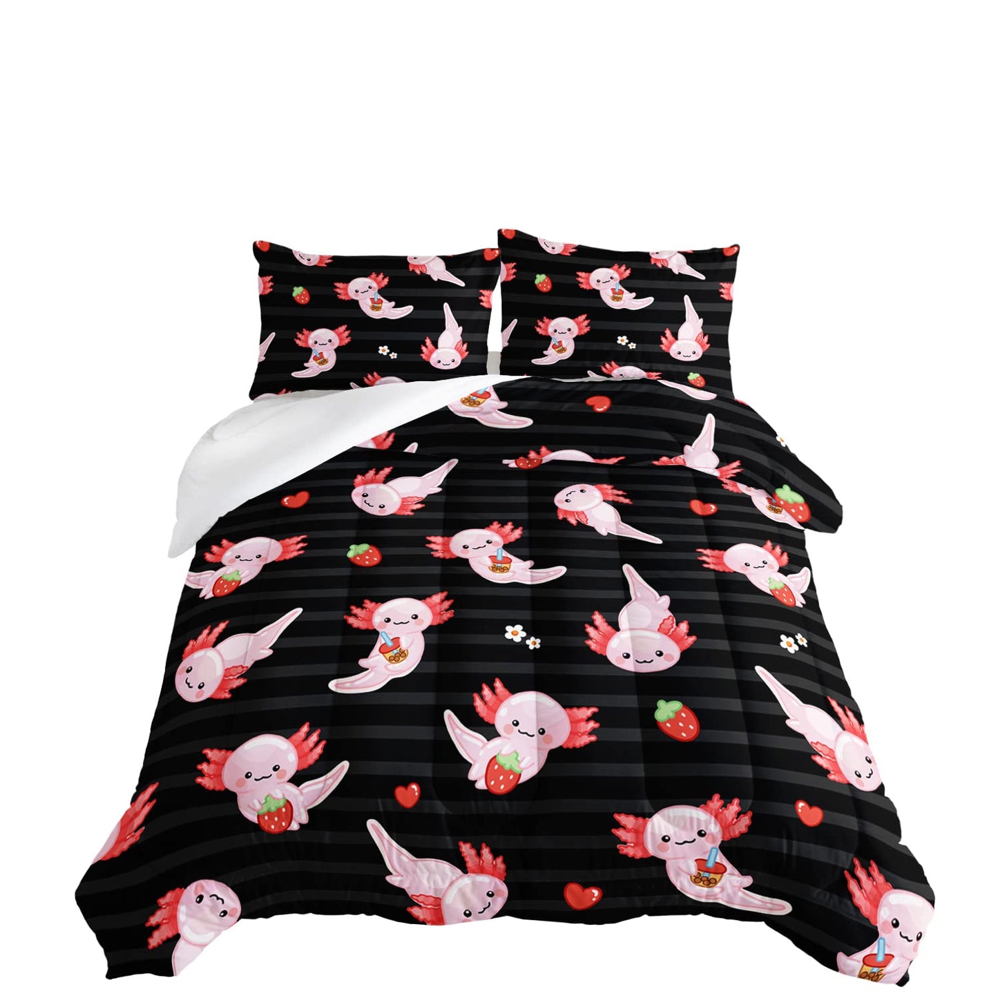 HOSIMA Kids Black Full Size Comforter Sets 3 Pieces,Cartoon Axolotl Bedding Sea Wildlife Cute Animals Theme Room Decor,Kawaii Bedding Set Strawberry Comforter with 2 Pillowcases.