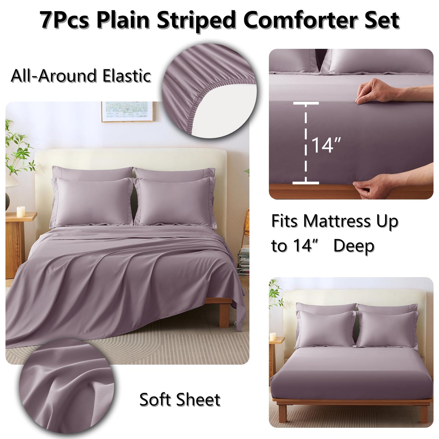 CozyLux King Size Comforter Set Dusty Purple - 7 Pieces Bed in a Bag, Modern Vertical Quilted Room Decor, Soft All-Season Bedding Gift with Comforter, Sheets, Pillowcases & Shams