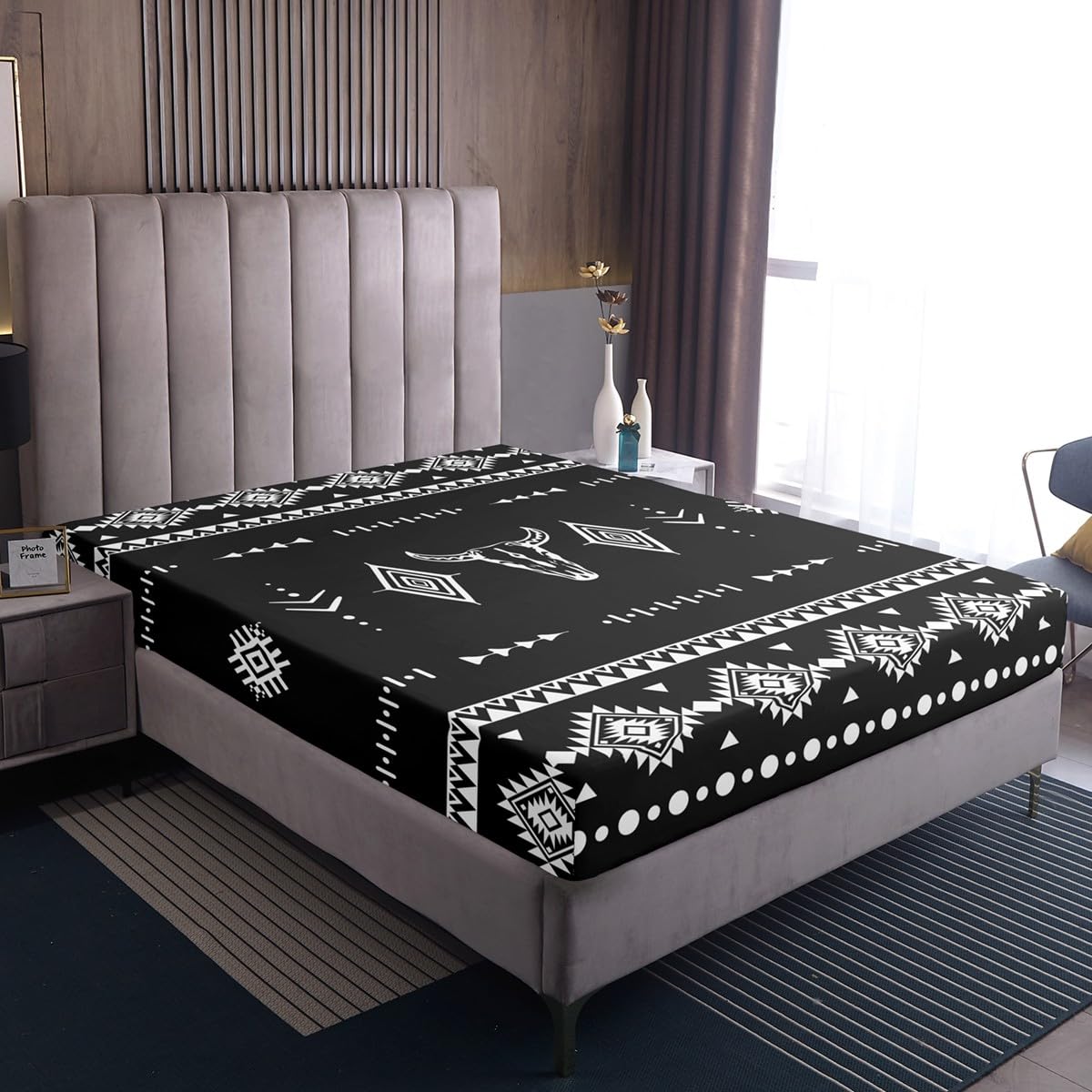 Erosebridal Western Cowboy Bed Sheets Set Full Size, Bull Skull Flat Fitted Sheet for Boys Girls Women Men Room, Boho Aztec Ethnic Horns Bedding Set, Southwestern Native Bed Sets