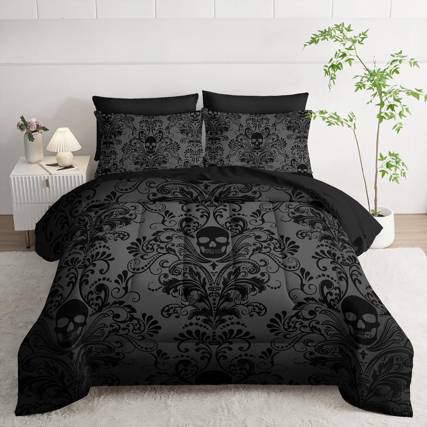 Tuzaovy Black Skull Comforter Set 7 Piece Twin Size Bed in A Bag,Goth Bedding for Room Decor,Soft Western Comforter Boho Hippie Bedding with Fitted Sheet,Flat Sheet, Pillowcases & Shams