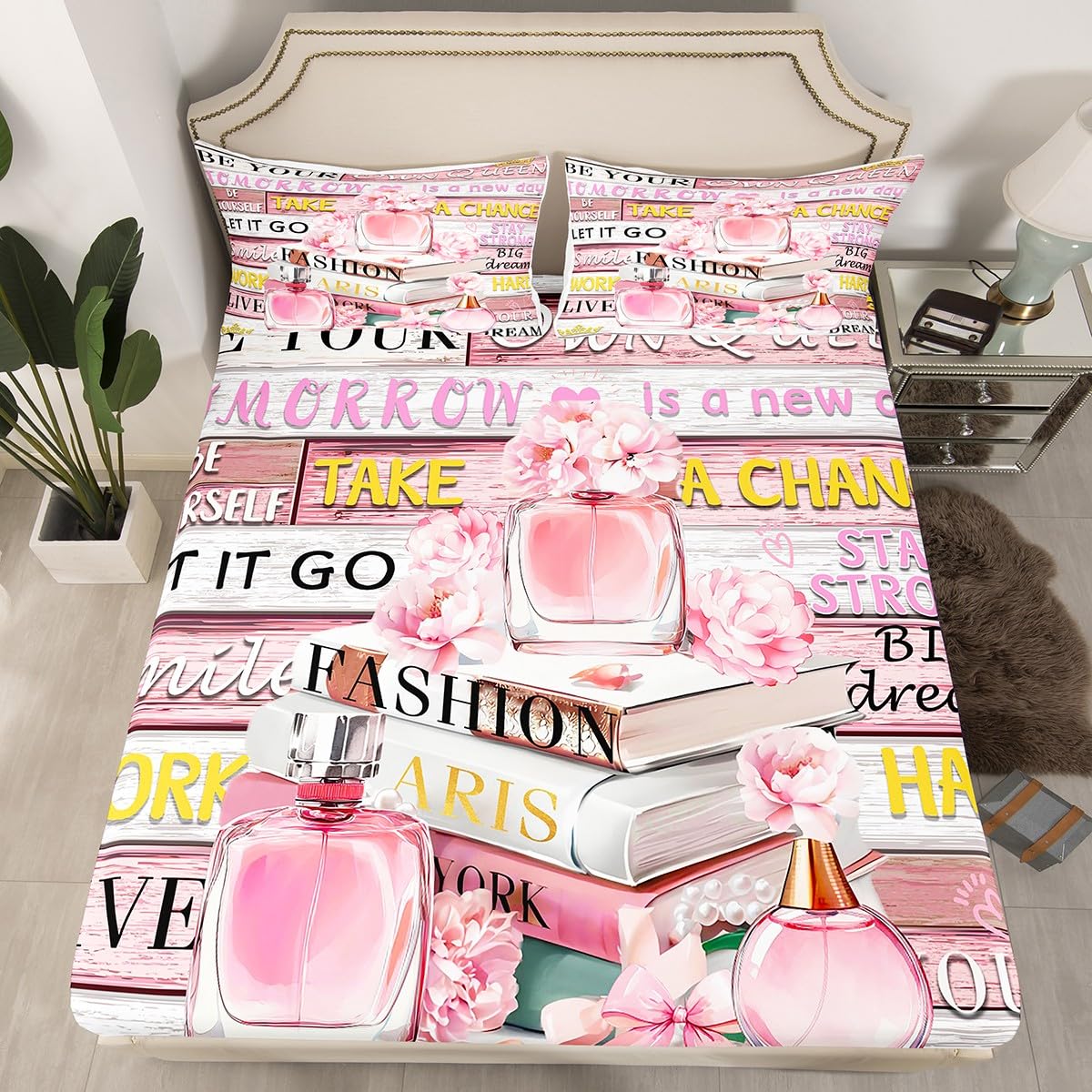 Erosebridal Pink Fashion Sheet Set King Size for Women Girls Kids Girly Aesthetic Modern Sheets Inspirational Quotes Trendy Elegant Coquette Cute Bedding Set Perfume Paris Preppy Pink Bow Bed Sheets