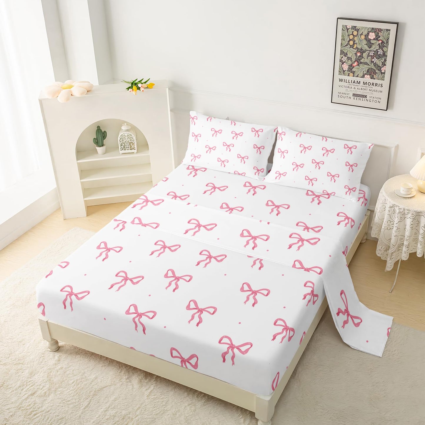 QOOMO Bow Kids Sheets Full Size,Bowknot 16" Deep Pocket Bed Sheet Set,Pink Bow Printed Bedroom Decor Bedding Set Soft and Breathable for Boys/Girls/Kids/Teens