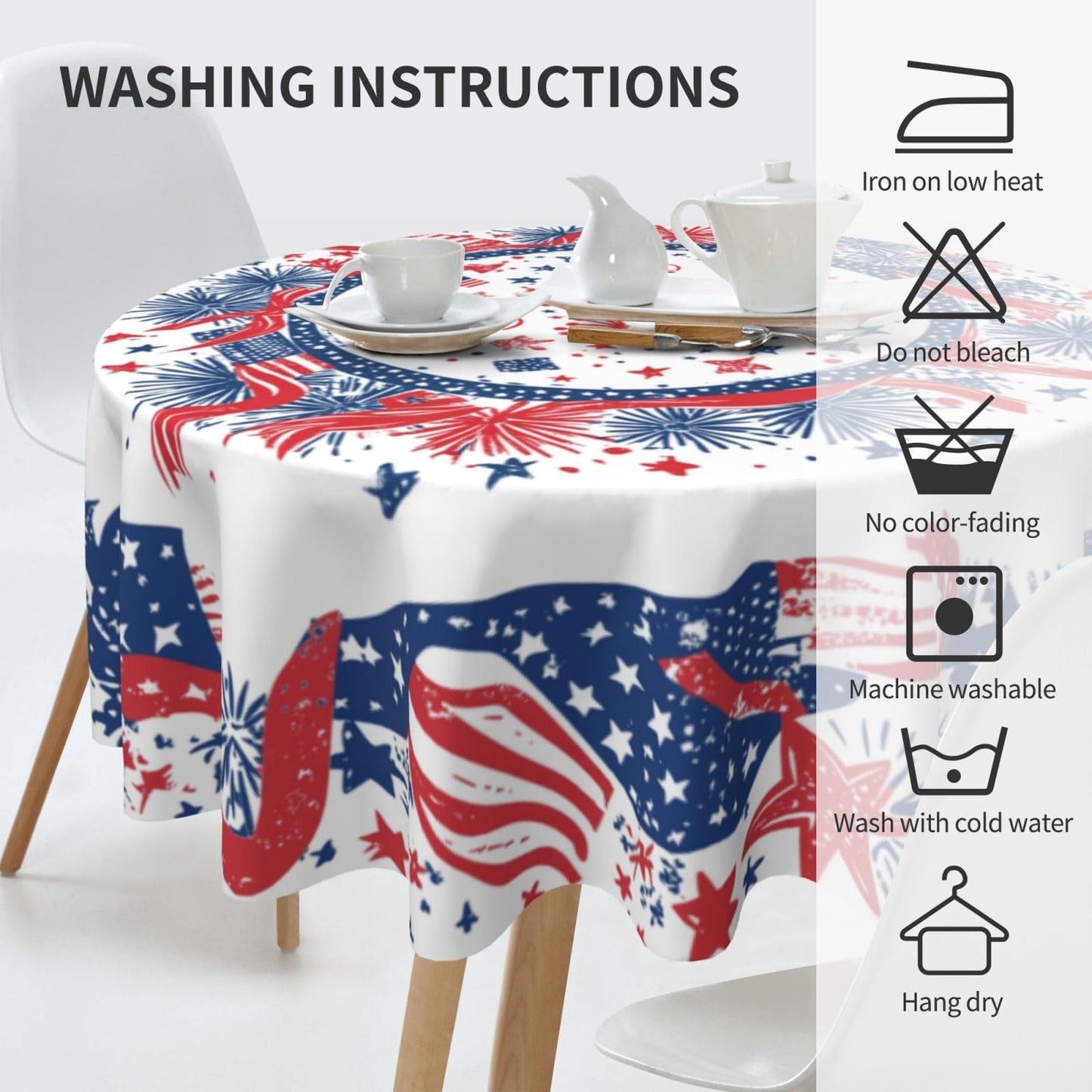 mutakin 4th of July Fireworks Tablecloth Patriotic Round Table Cloth Washable Table Cover for Home Kitchen Party Picnic 60 Inch