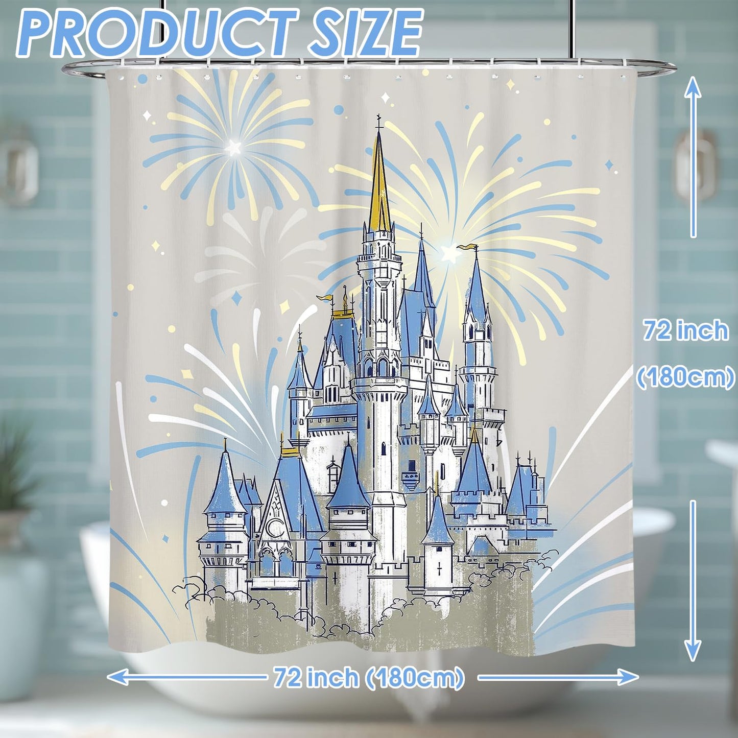 Vehcimbev Blue Cartoon Castle Shower Curtain Fireworks for Girl Bathroom Decor Waterproof Curtain with Hooks for Bathrooms Shower Fabric Showers Curtains Set 72x72Inch